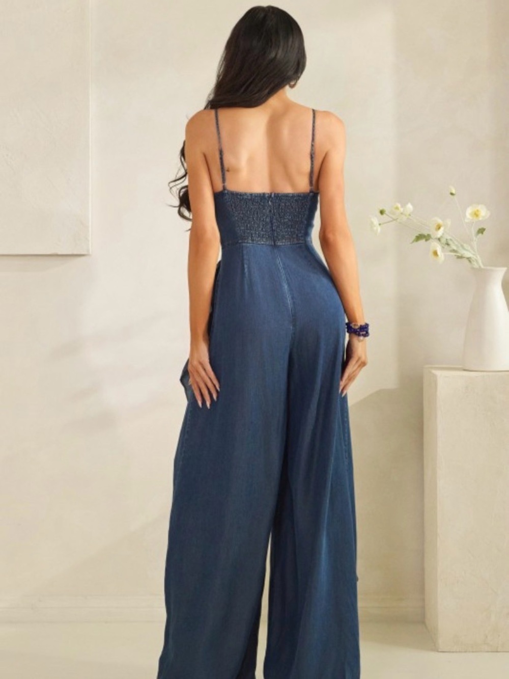 Denim Ruffle Wide-Leg Jumpsuit - Blue - Picture 3 of 4